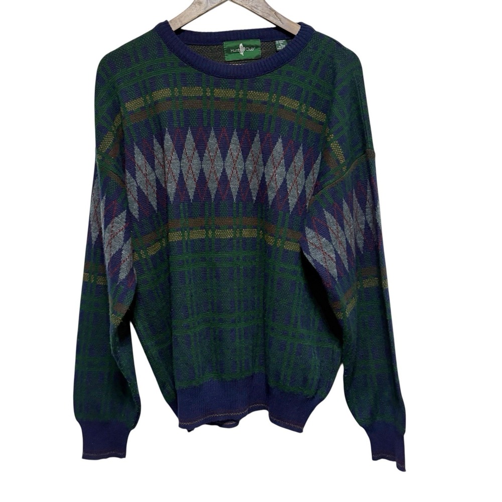 Hunt Club Vintage Sweater Mens XL Blue Green Retro Long Sleeve Wool Blend Italy